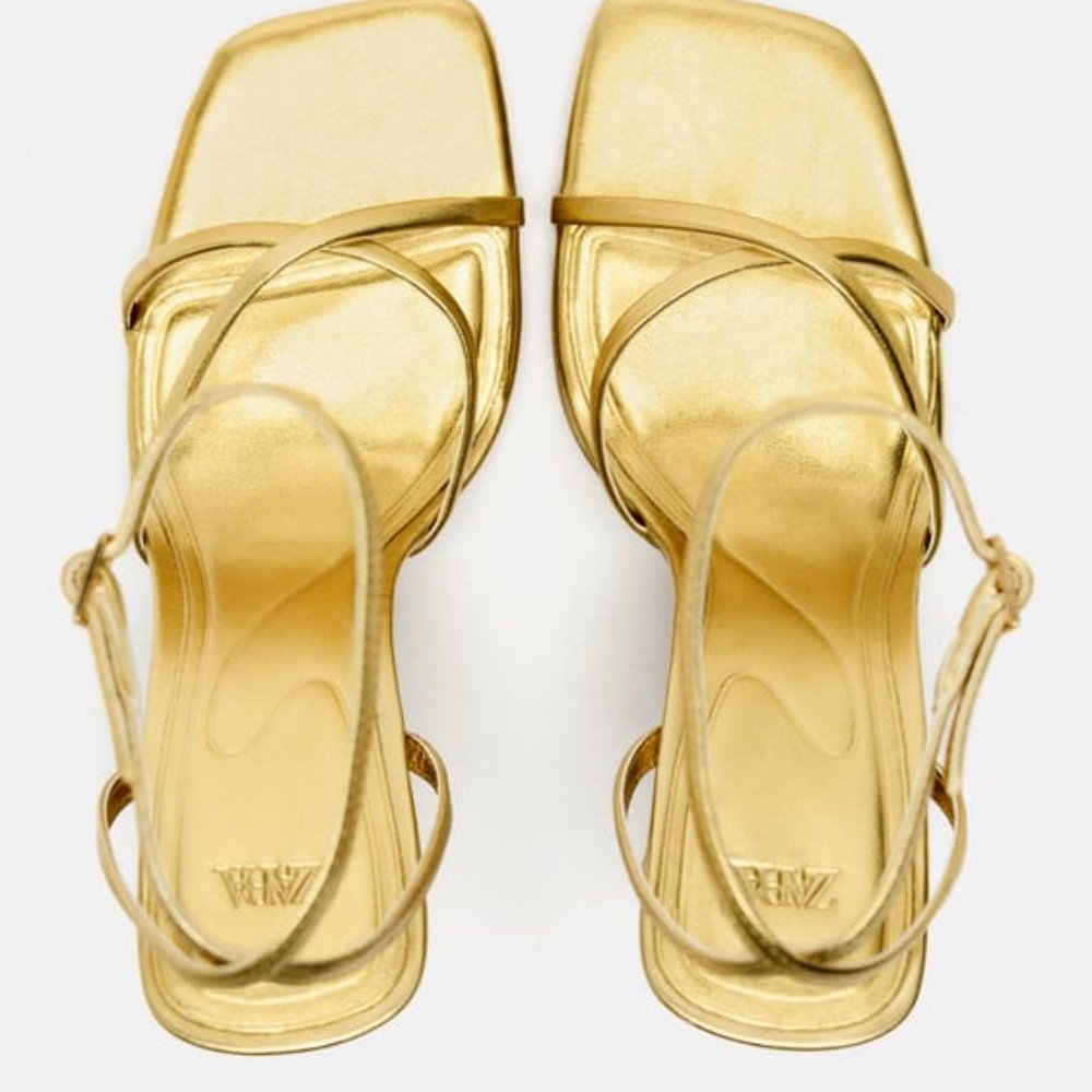 ZARA GOLD STRAPPY METALLIC HEELED SANDALS - Picture 7 of 8